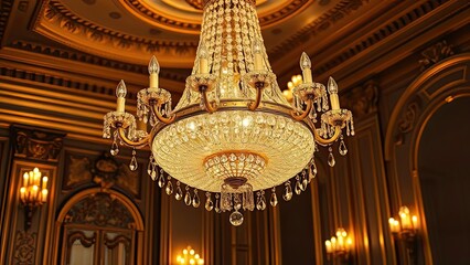 Obraz premium Grand Crystal Chandelier in Luxurious Gold Room Interior