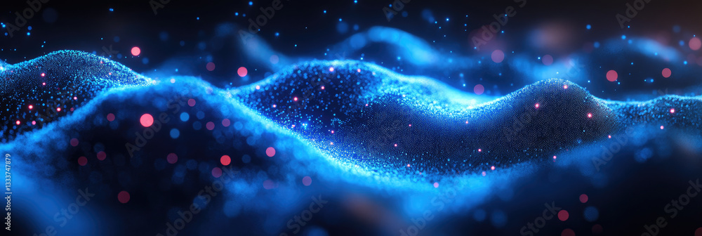 Poster abstract digital landscape composed of dynamic glowing particles,symbolizing big data,artificial int