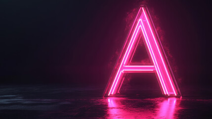 Illuminated neon letter A in a dark environment, emitting a pink glow with reflections on a wet surface. Concept of modern typography,digital art,futuristic light design in a minimalistic style.banner