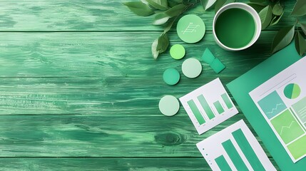 Green Business Charts Graphs and Data on Rustic Wooden Desk with Tea and Leaves