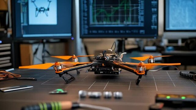 There is a drone with orange propellers on the table. There are various tools and parts around it, such as screwdrivers and nuts. In the background, two monitors with graphs and images are visible, wh