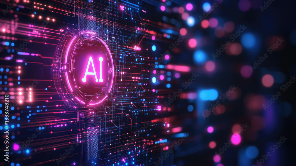 Poster neon glowing ai sign,designation, typography in a futuristic digital environment,symbolizing artific