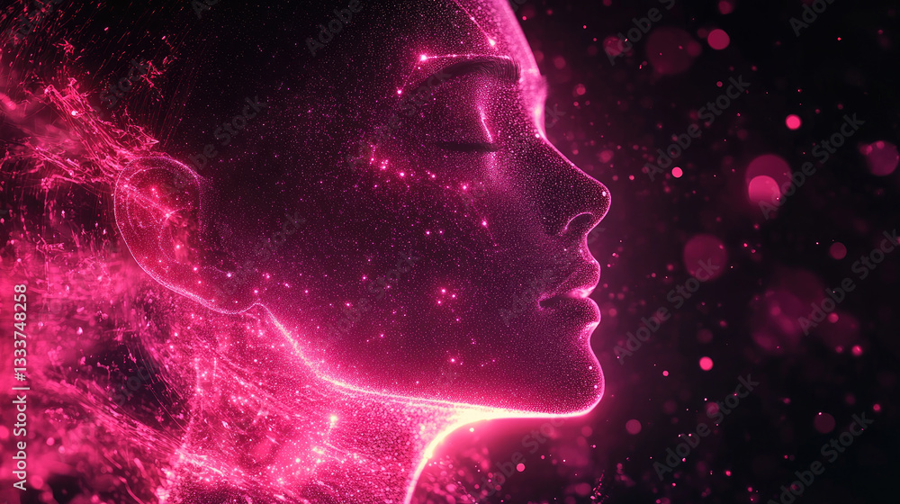 Poster artificial intelligence visualization human head composed of glowing neural network,connected to dig