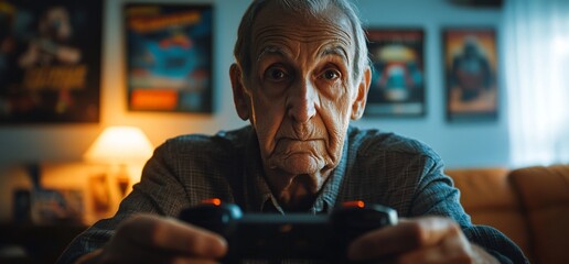 Elderly man engrossed in playing video games in his living room