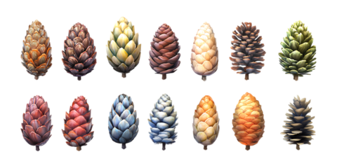Collection of fourteen decorative pine cones displayed in two rows with varied natural and painted colors on a transparent background for crafting.
