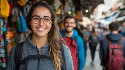 Fototapeta premium A smiling person with eyeglasses stands with other people in a covered space.