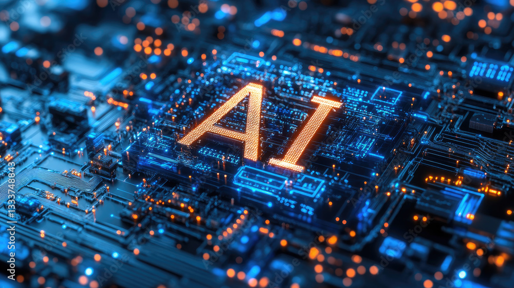 Poster high-tech ai processing chip integrated into a futuristic motherboard with glowing circuits. concept