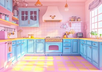 Fototapeta premium Colorful Modern Kitchen with Bright Pastel Accents and Natural Light