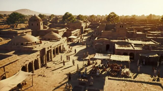 AI generated illustration of people in the street in old village with stone houses around them