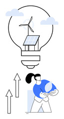 Large lightbulb containing solar panels and wind turbine, surrounded by clouds. Woman holding leaf below with arrows pointing upward. Ideal for sustainability, energy, innovation, growth