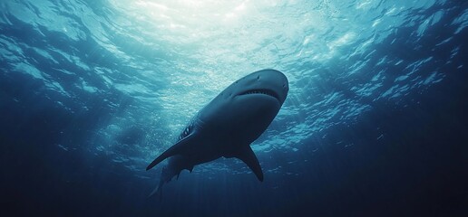 Naklejka premium Powerful tiger shark swimming in the ocean with sun rays shining through the water surface