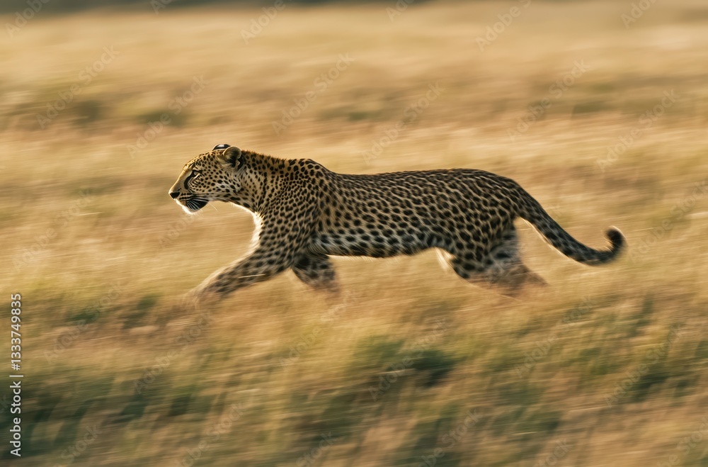 Poster graceful leopard in motion across golden savannah grassland during a dynamic wildlife scene captured
