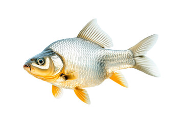 Closeup of fresh Crucian carp fish with detailed scales and fins, isolated on white transparent background, concept of aquatic life
