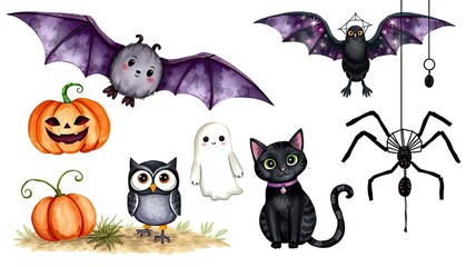 Cute Halloween Clipart Bats Cats Owls Pumpkins Ghost Spider