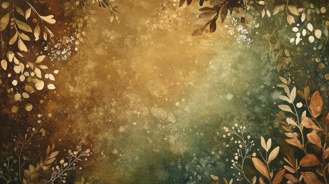 dreamy, celestial garden background with earthy tones and delicate foliage creates serene atmosphere. blend of gold and green hues adds mystical touch to scene