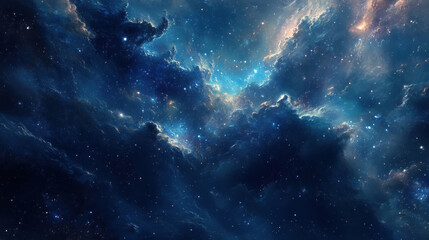 vast, ethereal cosmic scene with swirling blue and white nebulae, stars, and celestial formations creates sense of wonder and infinity