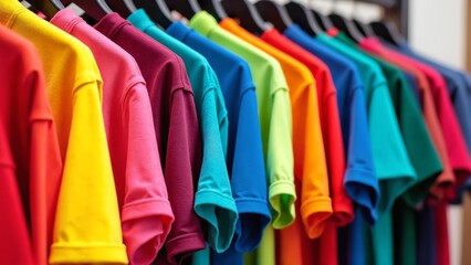 Fototapeta premium Close up of Colorful t-shirts on hangers, apparel background