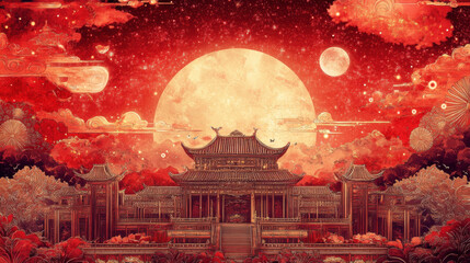 majestic celestial palace stands under vibrant red sky, with large glowing moon and swirling clouds creating mystical atmosphere. intricate architecture is surrounded by lush foliage