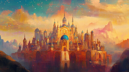 Obraz premium majestic celestial palace with golden domes and spires stands against vibrant, starry sky, surrounded by ethereal landscapes. scene evokes sense of wonder and fantasy
