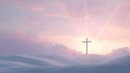Serene Easter background with soft bokeh and a glowing cross at the center, perfect for religious websites, church invitations, or spiritual event announcements.
