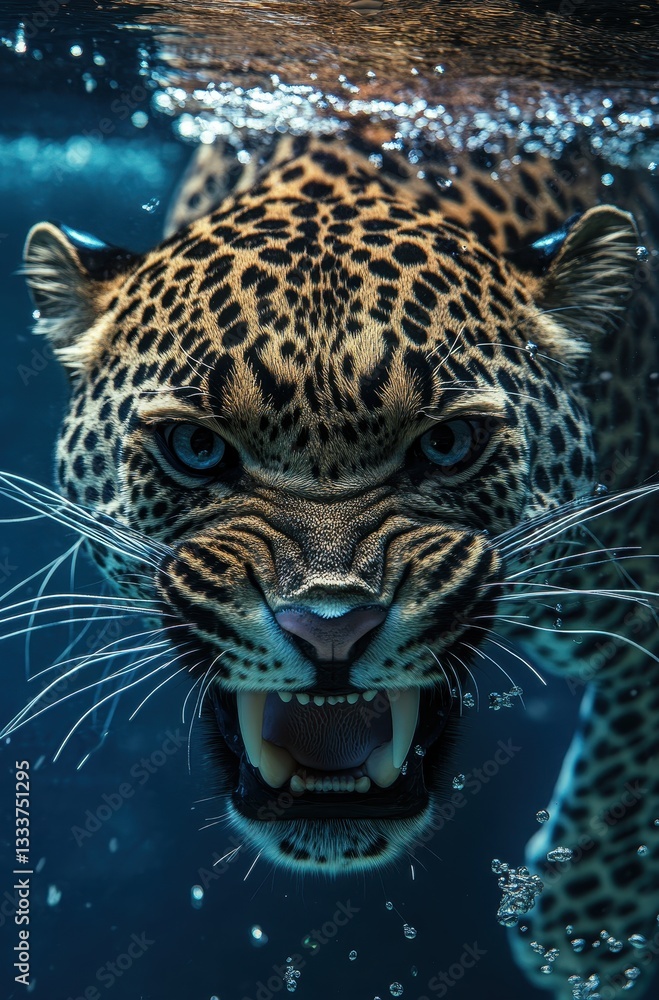 Poster imposing wild leopard emerging from water with intense gaze and sharp teeth, showcasing power and be