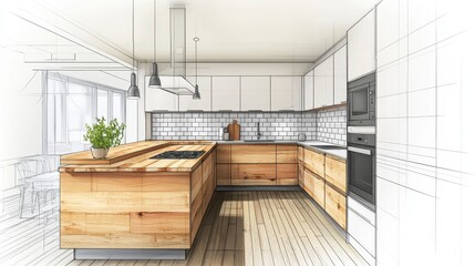 Modern Kitchen Design Sketch with Wooden Accents and Open Space