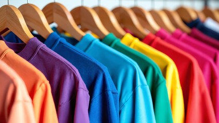 Fototapeta premium Close up of Colorful t-shirts on hangers, apparel background