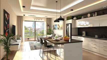 Modern Bright Kitchen and Living Area with Elegant Design Elements