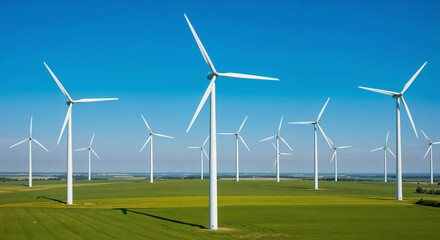 Fototapeta premium Modern Wind Turbines in Bright Sunlight Against Green Agricultural Landscape