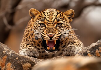 Naklejka premium Intense Close-up of a Fierce Leopard Displaying Teeth in a Natural Habitat Surrounded by Dry Branches and Rocks in a Dramatic Setting
