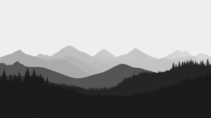 Naklejka premium Serene Monochrome Mountain Range Landscape: A Grayscale Vista of Peaks and Forests