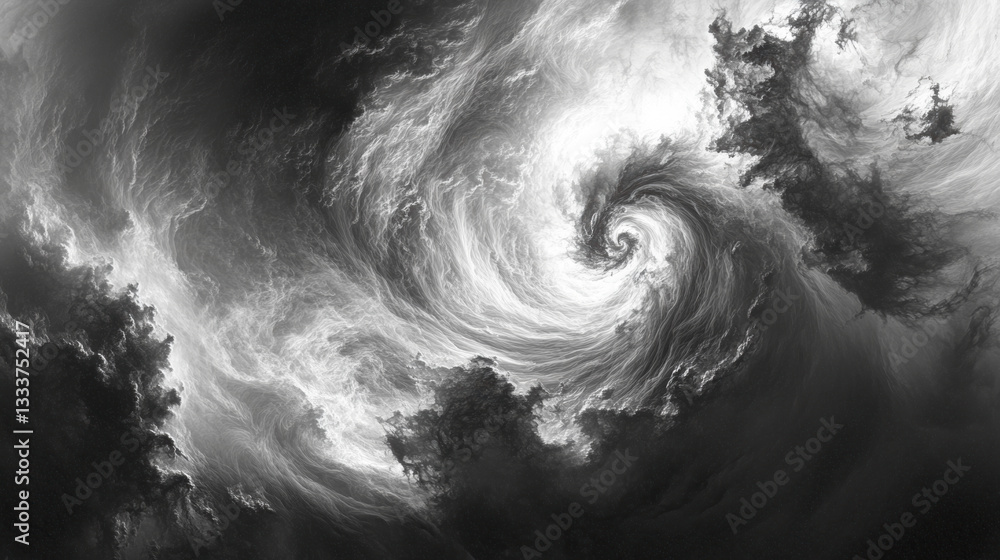 Poster swirling black and white abstract image depicts cosmic void with dynamic, cloud like formations. swi