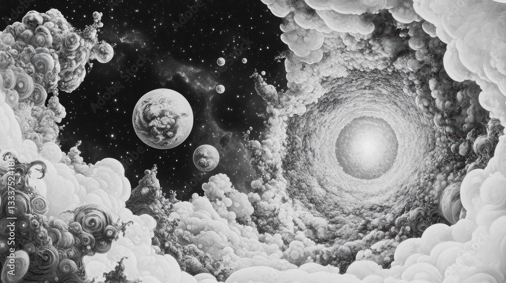 Poster mesmerizing cosmic scene features swirling clouds and distant planets, creating sense of depth and w