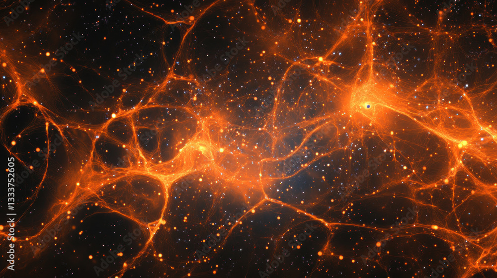 Poster glowing cosmic web of orange filaments and bright stars stretches across dark space background, crea