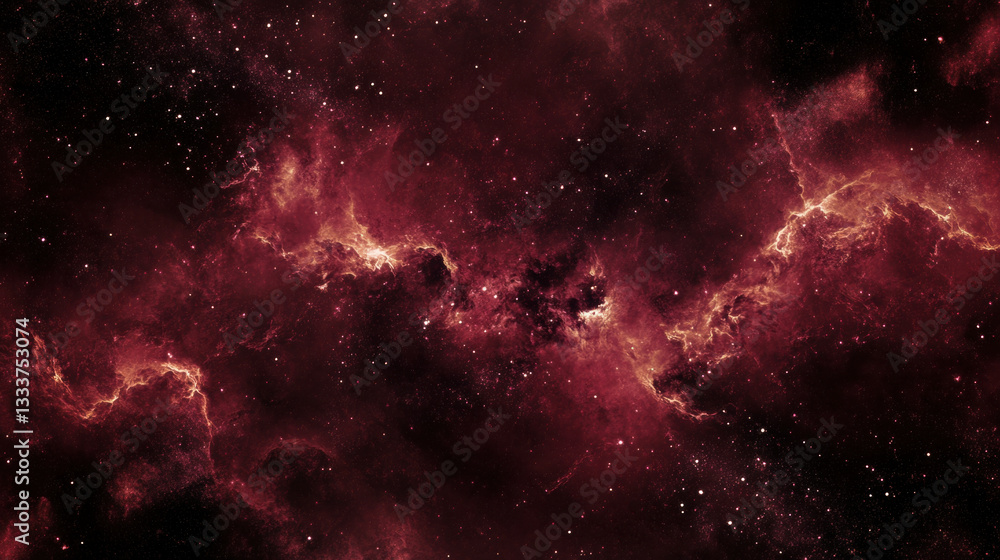 Poster mesmerizing view of deep space nebula with swirling red and black clouds, dotted with countless star