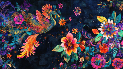 vibrant, colorful bird surrounded by array of vivid flowers on dark background creates striking contrast, showcasing intricate details and sense of whimsy