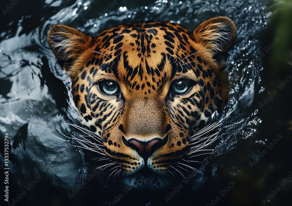 Poster intense close-up of a jaguar's face emerging from water with striking eyes and unique pattern on dar