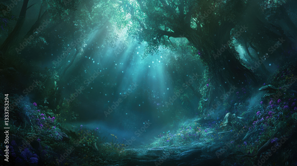 Aufkleber mystical elven forest with ethereal light filtering through dense trees, casting magical glow on vib