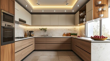 Modern Elegant Kitchen Design with Wooden Cabinets and Sunlight