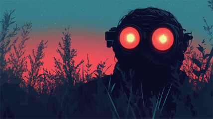 The image is a digital illustration depicting a dark silhouette of a figure with large, glowing red eyes. The figure appears to be wearing a helmet or mask.  The background features a field of dark