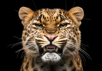Obraz premium Intense Close-Up of a Powerful Leopard Displaying Aggression with Fierce Eyes and Sharp Teeth Against a Solid Black Background