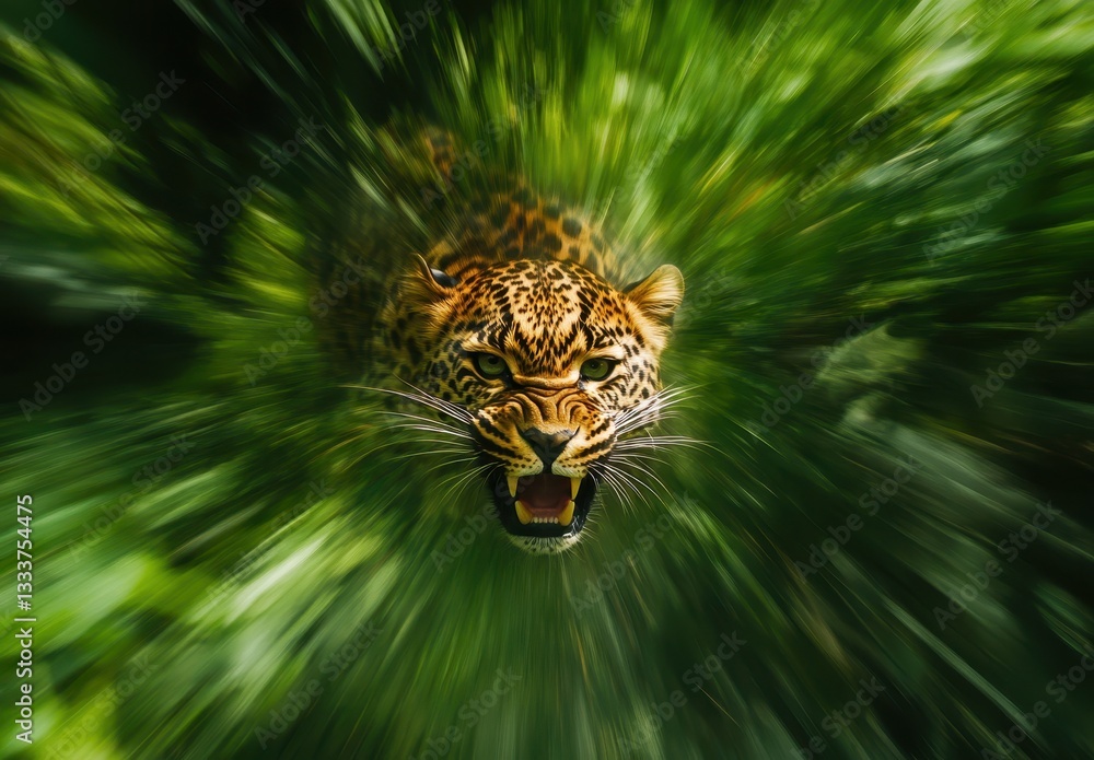 Poster intense close-up of a roaring jaguar surrounded by lush greenery in a jungle setting with motion blu