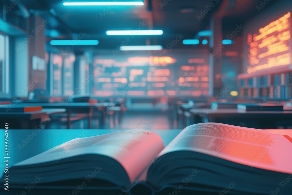 Poster a book is open on a table in a classroom