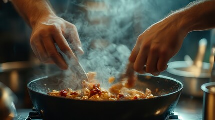 close up of chef making delicious food in the kitchen