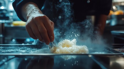 close up of chef making delicious food in the kitchen