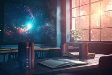 A book is open on a table in a classroom