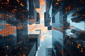 A cityscape with tall buildings and a cloudy sky