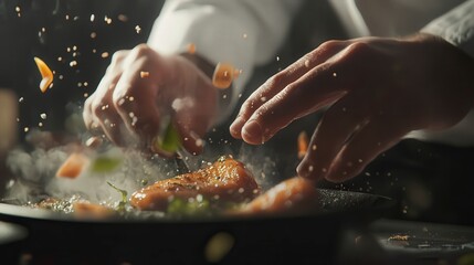 close up of chef making delicious food in the kitchen