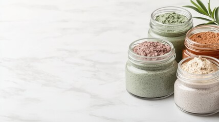 A collection of colorful spices in jars on a marble surface, showcasing a variety of flavors and textures.