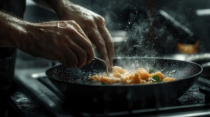 close up of chef making delicious food in the kitchen